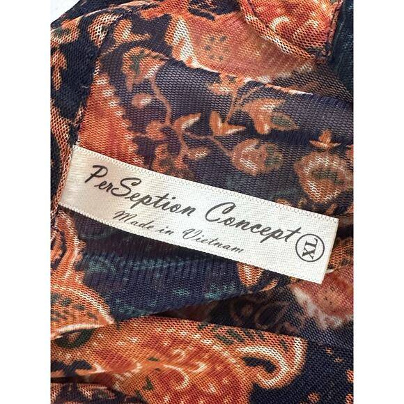 PerSeption Concepts XL Navy Blue Orange Button front V-neck Sheer Blouse Top - Picture 11 of 15